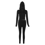 Autumn Women Casual Hooded Top and High Waist Pants Two-piece Set