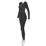 Women's Summer Fashion Silver Shiny V-Neck Long Sleeve Sexy Low Back Jumpsuit