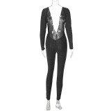 Women's Summer Fashion Silver Shiny V-Neck Long Sleeve Sexy Low Back Jumpsuit