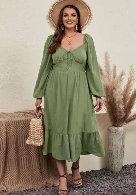 Plus Size Women V Neck Puff Sleeve Long Sleeve Dress
