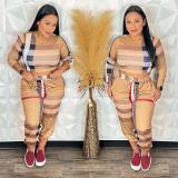 Women Round Neck Plaid Long Sleeve Top and Pant Two-piece Set