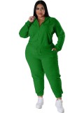 Plus Size Women Sports Casual Zipper Hooded Top and Pant Two-piece Set