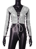 Women Rhinestone Long Sleeve Sexy Lace Up Cut Out Top