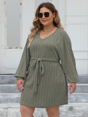 Plus Size Women Lace-Up Ribbed V-Neck Casual Dress