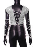 Women Rhinestone Long Sleeve Sexy Lace Up Cut Out Top