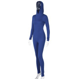 Women Winter Solid Long Sleeve Hooded Backless Sports Jumpsuit