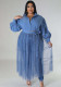 Plus Size Women Stand Collar Puff Sleeve Mesh Dress