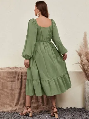 Plus Size Women V Neck Puff Sleeve Long Sleeve Dress