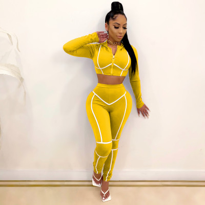 Women Sports Long Sleeve Crop Top and Pants Two-piece Set