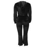 Winter Women velvet zipper hooded Top and Pant Casual two-piece set