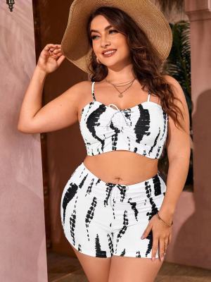 Plus Size Women Cow Print Belted Swimwear Two Pieces