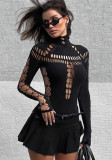 Spring Hollow Ripped Turtle Neck Slim Fit Bodysuit For Women