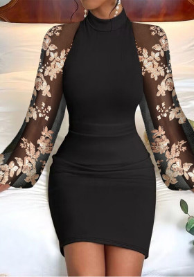 Autumn And Winter Round Neck Lace Long Sleeve Slim Waist Bodycon Dress Women's Clothing