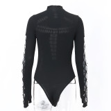 Spring Hollow Ripped Turtle Neck Slim Fit Bodysuit For Women