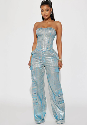 High-Waist Style Straight-Leg Patchwork Multi-Pocket Heavy-Duty Trendy Denim Trousers Strapless Vest Set