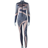 Autumn And Winter Women's Irregular Fashion Printed Long Sleeve Tight Fitting Sports Jumpsuit