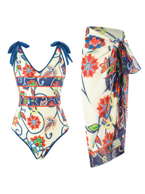 Digital Printing One-Piece Swimsuit Mesh Skirt Two Piece Swimwear For Women