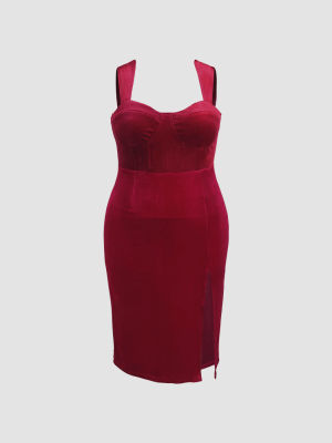 Plus Size Women's Autumn And Winter Slim Slit Chic Solid Color Velvet Strap Bodycon Dress