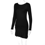 Sexy Low Back Autumn Women's Long Sleeve Pleated Bodycon Dress