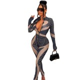 Autumn And Winter Women's Irregular Fashion Printed Long Sleeve Tight Fitting Sports Jumpsuit