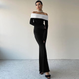 Women Autumn and Winter Contrast Color Off Shoulder Off Shoulder Long Sleeve Maxi Dress