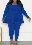 Plus Size Women Round Neck Pleated Loose Long Sleeve Solid Top and Pant Two-piece Set