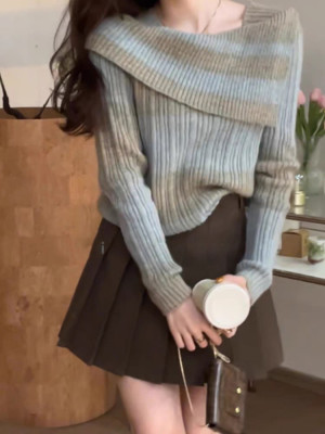 Women Contrast Off Shoulder Knitting Long Sleeve Sweater