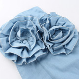 Women Strapless Flower Backless Denim Dress