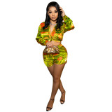 Women Stretch Summer Lace-Up Long Sleeve Top and Shorts Two-piece Set