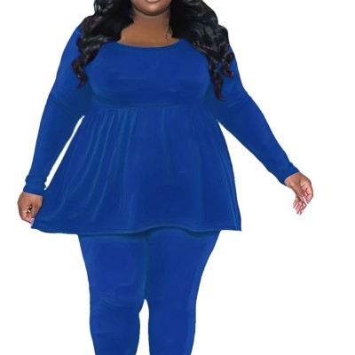 Plus Size Women Round Neck Pleated Loose Long Sleeve Solid Top and Pant Two-piece Set