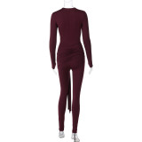 Women's Winter Solid Round Neck Long Sleeve Slim Fit Lace-Up Back Zipper Jumpsuit