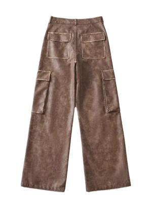 Autumn and Winter Women's Straight Retro Cargo Leather Pants