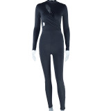 Sexy hollow solid color Round Neck long-sleeved Tight Fitting fitness Jumpsuit for women