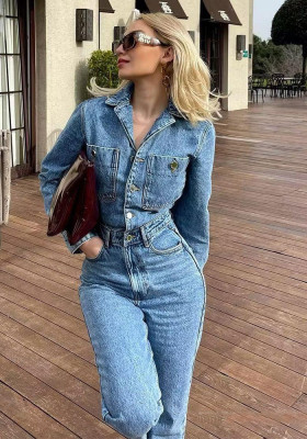 Spring and Autumn Women's Turndown Collar Pocket Slim Waist Straight Denim Jumpsuit