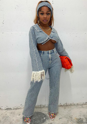 Stylish Tassel Patchwork Denim two piece pants set with Headband