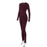 Women's Winter Solid Round Neck Long Sleeve Slim Fit Lace-Up Back Zipper Jumpsuit