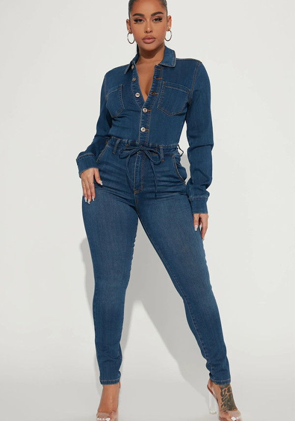 Sexy Fashion Long Sleeve High Stretch Denim Jumpsuit