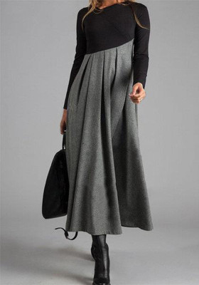 Autumn and Winter Contrast Color V-Neck Long Sleeve Patchwork Swing Dress