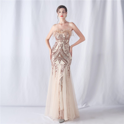 feather sequins mesh patchwork Strapless wedding party dress