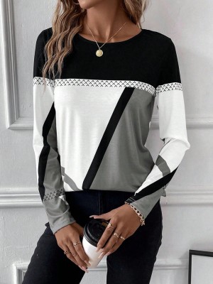 Women's Pullover Round Neck Contrast Color Patchwork Geometric Print Top Women's T-Shirt