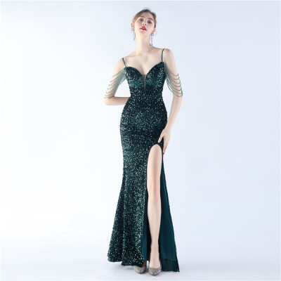 Plus Size Beauty Straps Tassels Sequin slit Long Formal Party Evening Dress