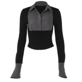 Women's Autumn Turndown Collar Long Sleeve Patchwork Contrast Shirt Slim Fit Cropped Top for Women