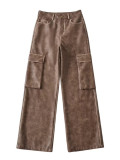 Autumn and Winter Women's Straight Retro Cargo Leather Pants