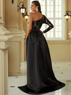 Solid Sequined Slash shoulder Formal Party Long Evening Gown