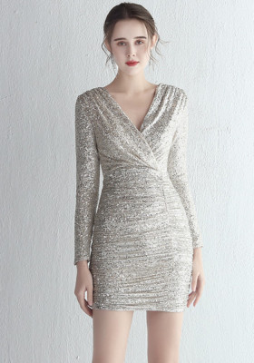 Plus Size Sequin v-neck long sleeve Formal Party Evening Dress