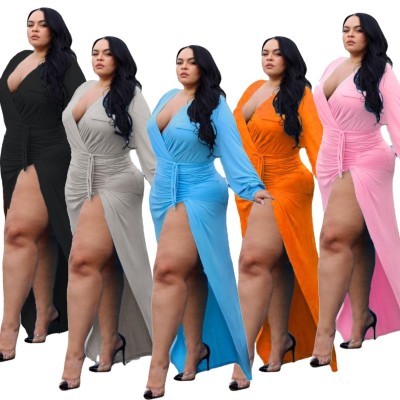 Plus size women's clothing solid color V-neck pleated high slit dress for fat woman
