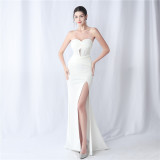 Herringbone Slim Waist structured satin pleated Strapless evening gown