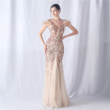 Women ostrich feather mesh floral sequin wedding evening dress