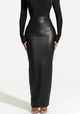 Women Autumn and Winter Black Bodycon Zipper Pu-Leather Skirt