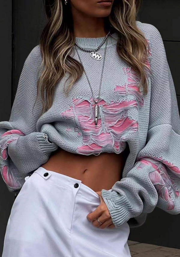 Plus Size Women Long Sleeve Ripped Loose Sweater